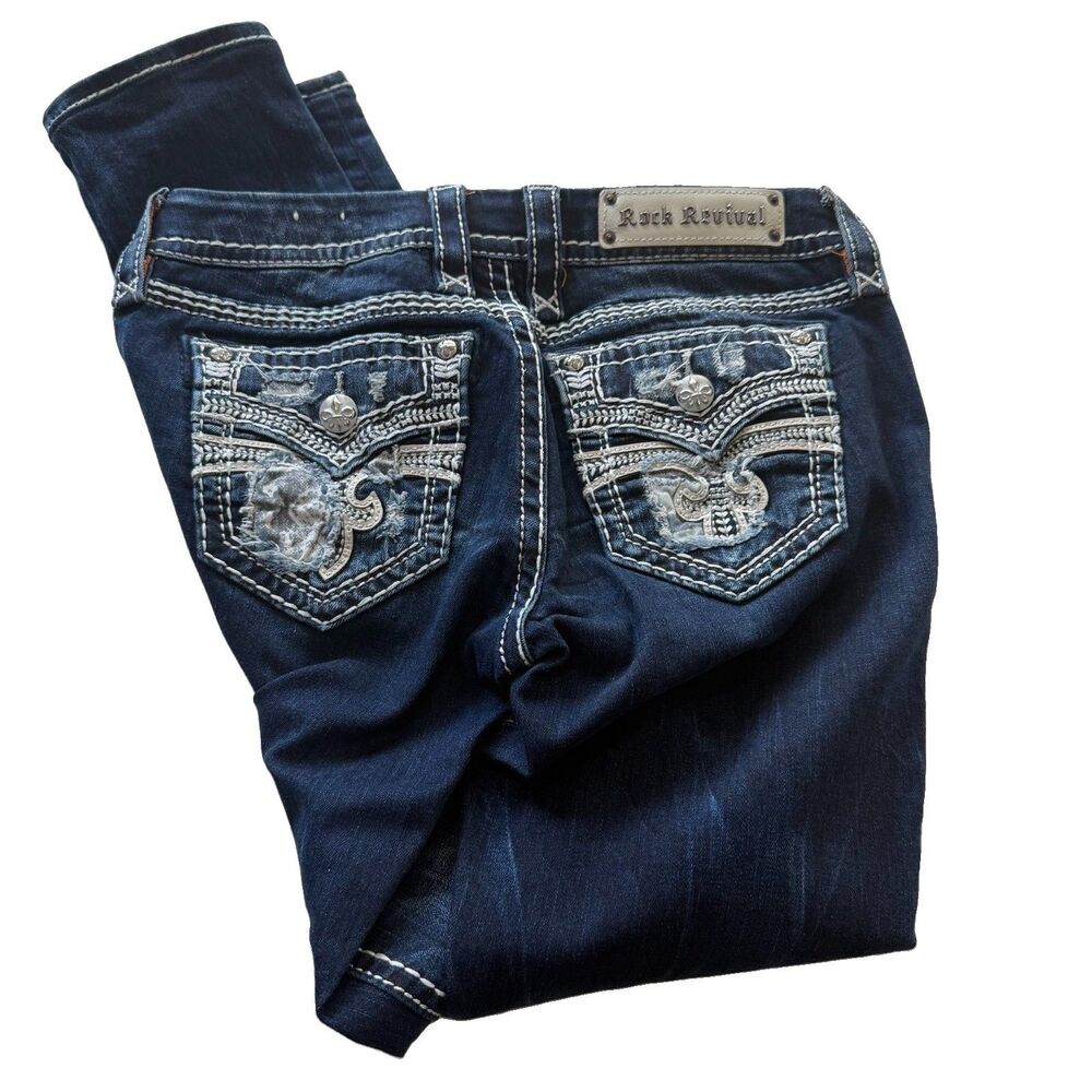 Rock Revival Celinda 27 Skinny Leg Fleur De Liz Blue Denim Jeans Women's 27x31